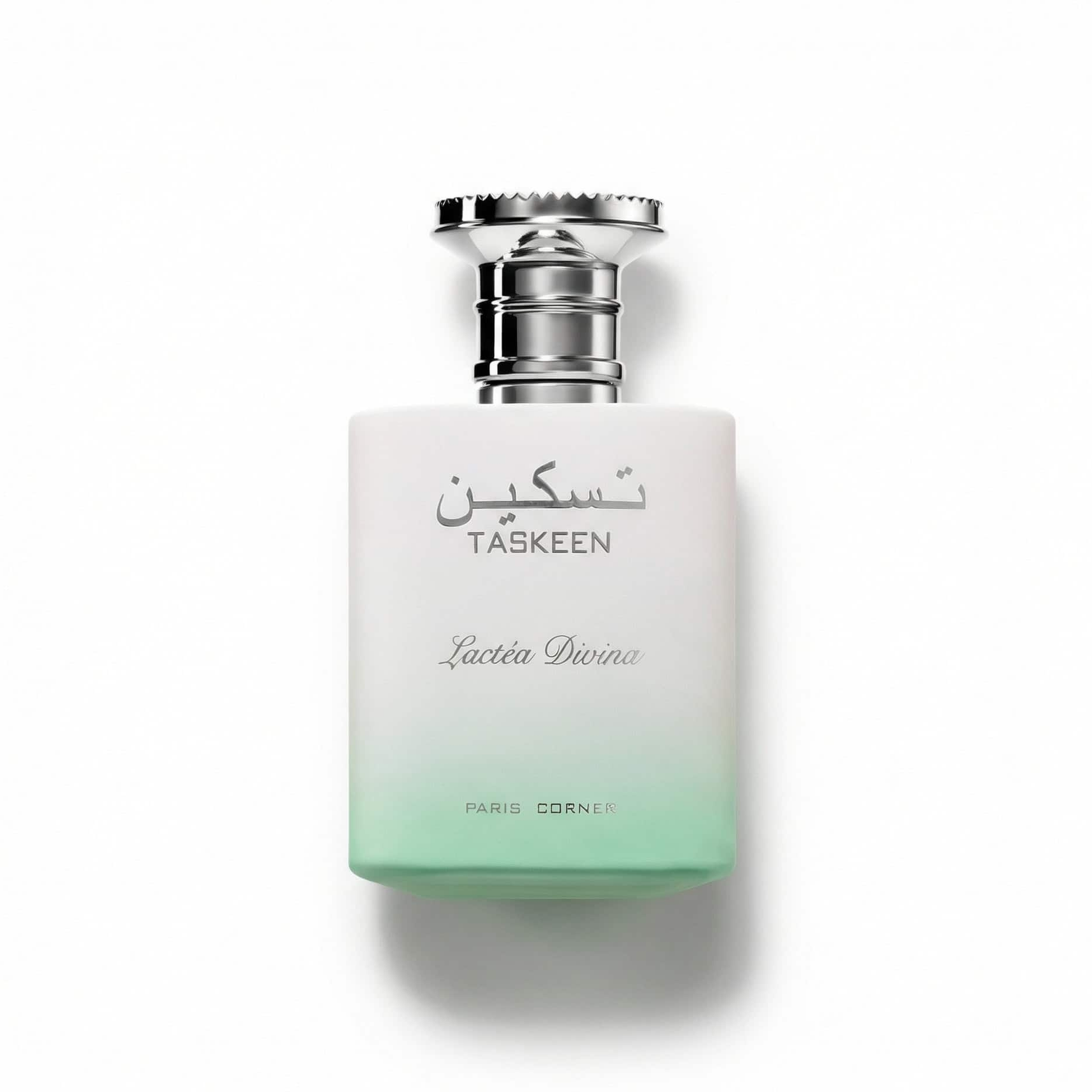 Bottle of Paris Corner Taskeen Lactea Divina EDP fragrance on a white background with soft shadow