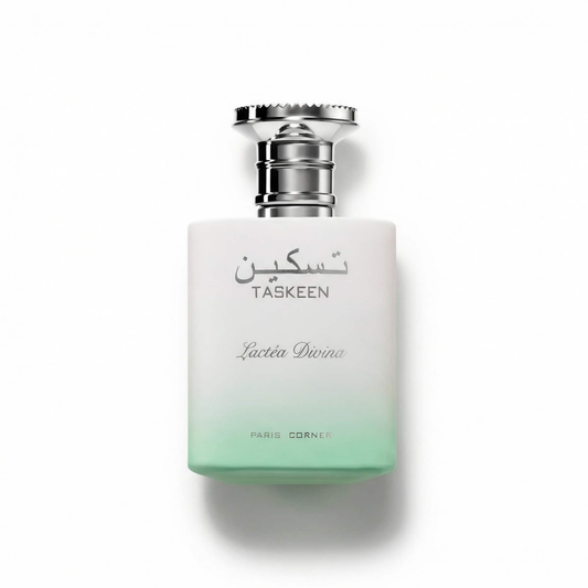 Bottle of Paris Corner Taskeen Lactea Divina EDP fragrance on a white background with soft shadow