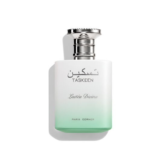 Bottle of Paris Corner Taskeen Lactea Divina EDP fragrance on a white background with soft shadow