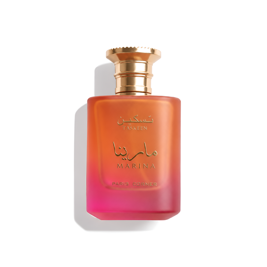 Bottle of Paris Corner Taskeen Marina EDP fragrance on a white background with soft shadow