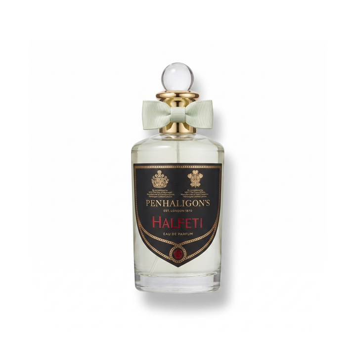 Bottle of Penhaligon's Halfeti EDP fragrance on a white background with soft shadow