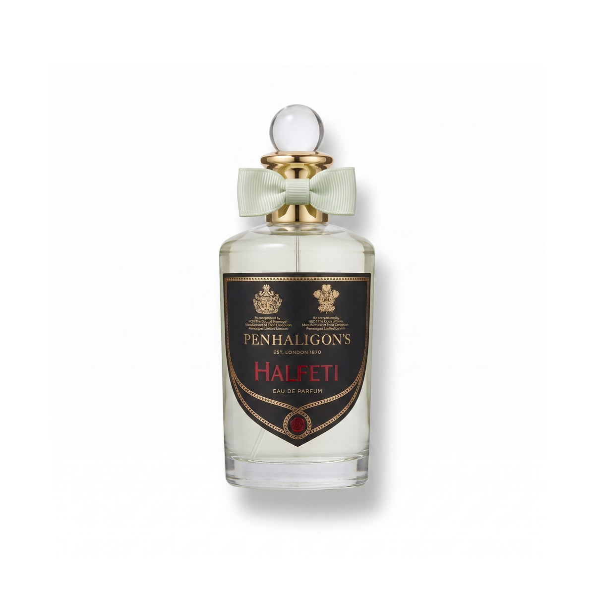 Bottle of Penhaligon's Halfeti EDP fragrance on a white background with soft shadow
