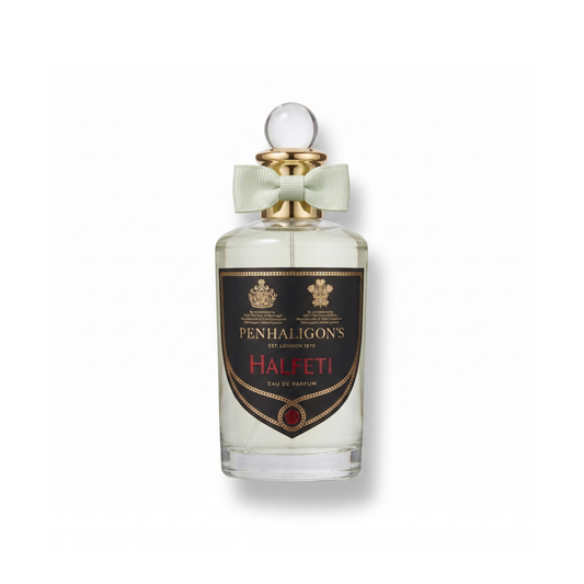 Bottle of Penhaligon's Halfeti EDP fragrance on a white background with soft shadow