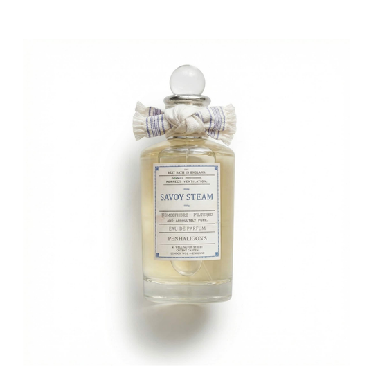 Bottle of Penhaligon's Savoy Steam EDP fragrance on a white background with soft shadow