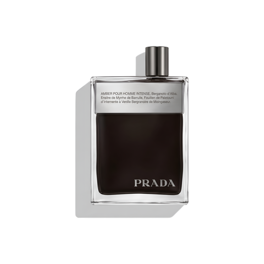 Bottle of Prada Amber Intense (Batch 2019) EDP fragrance on a white background with soft shadow