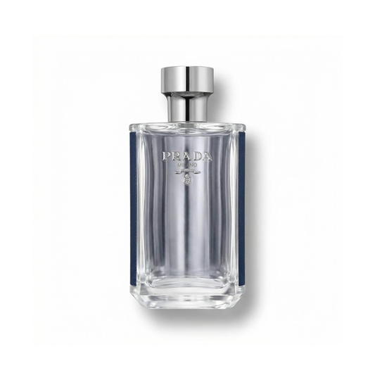 Bottle of Prada L’Homme Eau de Toilette EDT fragrance on a white background with soft shadow