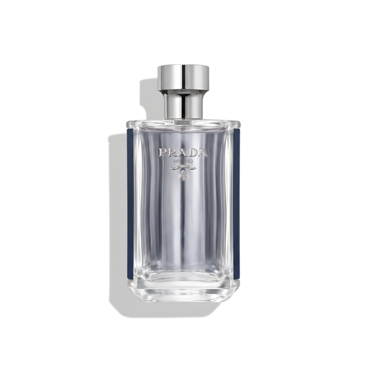 Bottle of Prada L’Homme Eau de Toilette fragrance on a white background with soft shadow