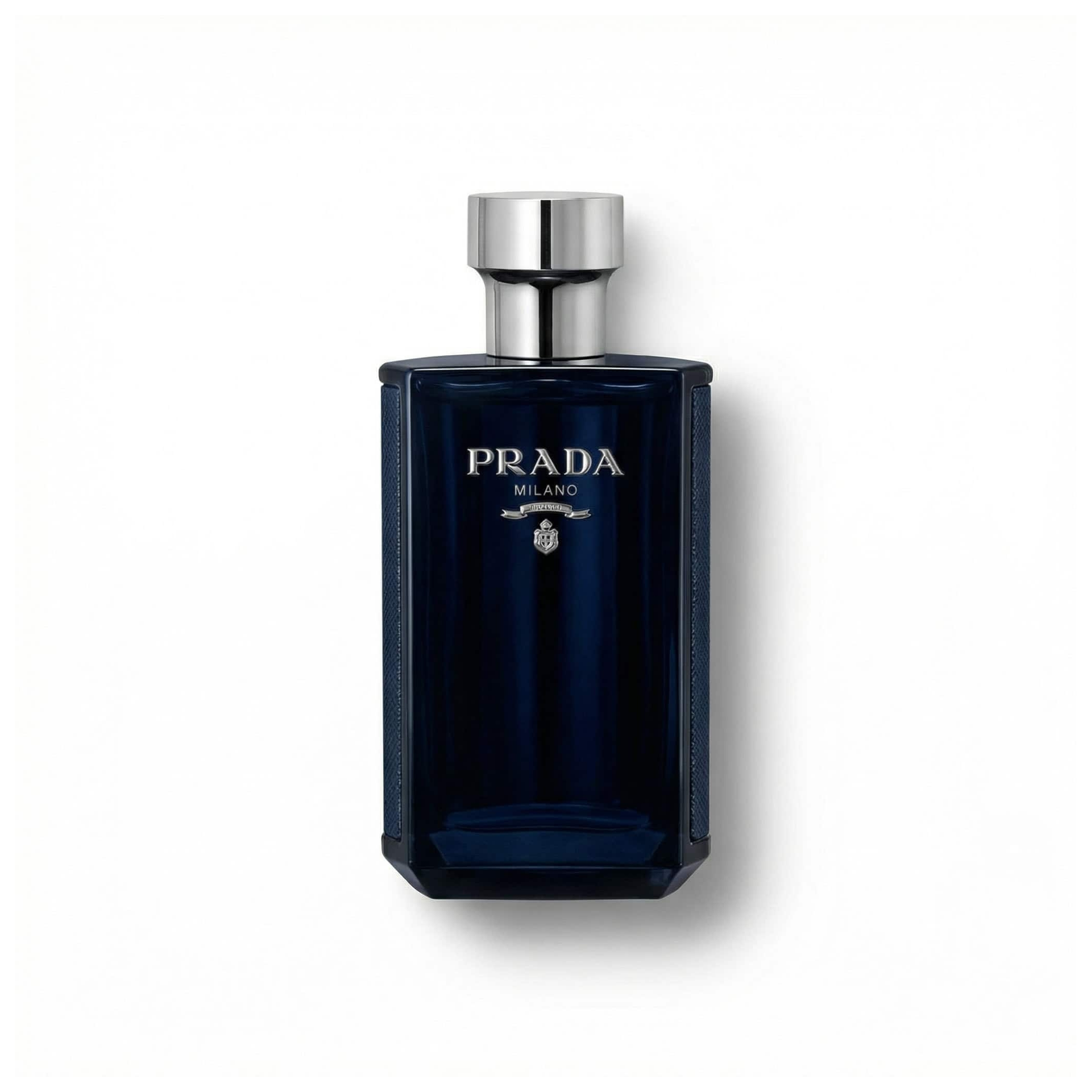 Bottle of Prada L'Homme Intense EDP fragrance on a white background with soft shadow