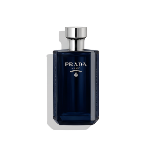 Bottle of Prada L'Homme Intense EDP fragrance on a white background with soft shadow