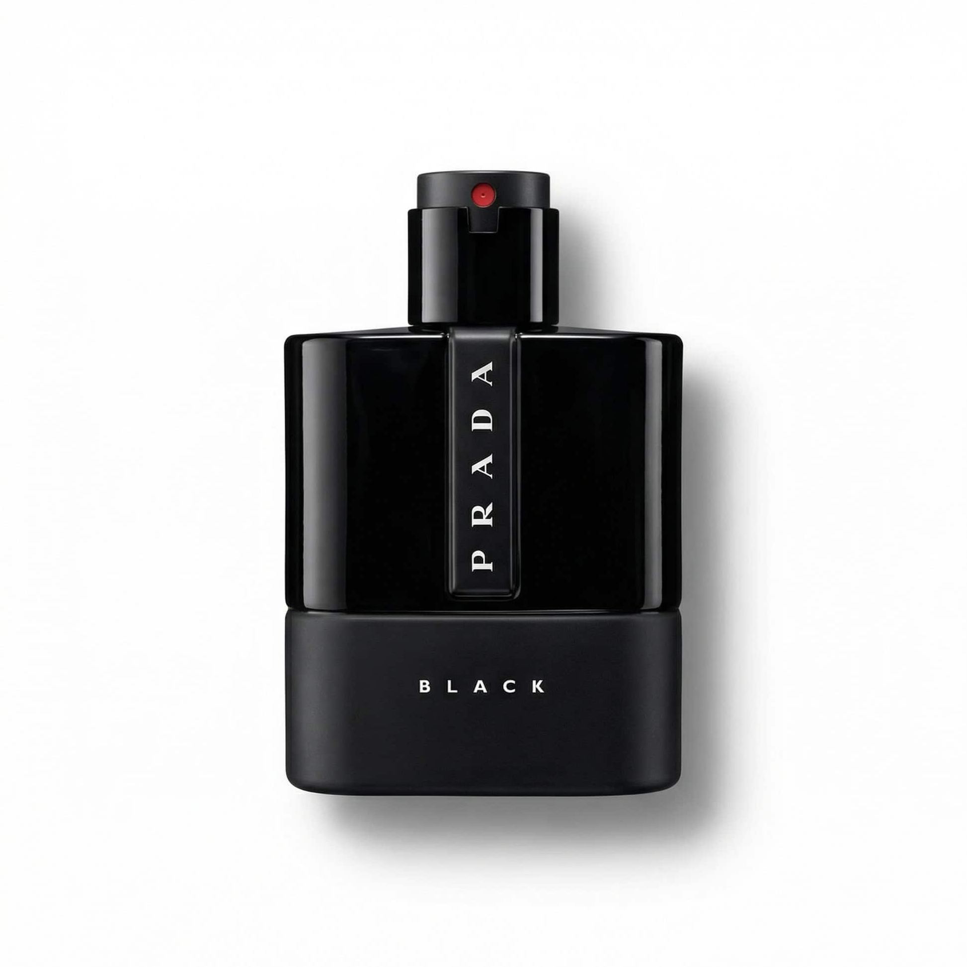 Bottle of Prada Luna Rossa Black EDP fragrance on a white background with soft shadow