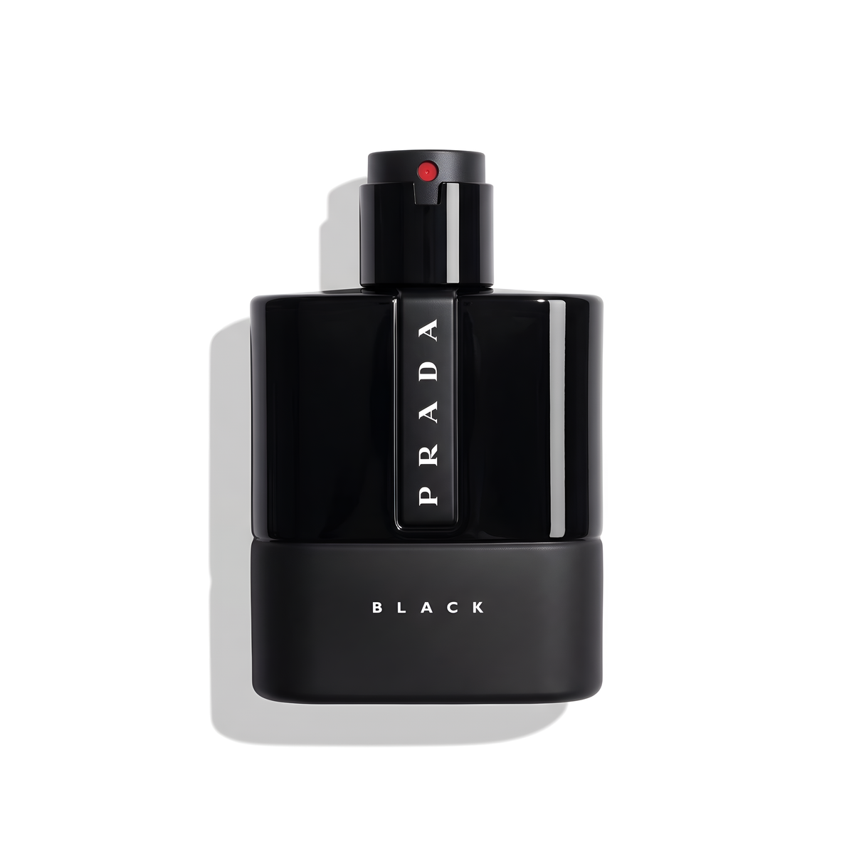 Bottle of Prada Luna Rossa Black EDP fragrance on a white background with soft shadow