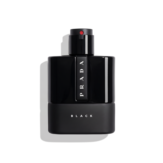 Bottle of Prada Luna Rossa Black EDP fragrance on a white background with soft shadow