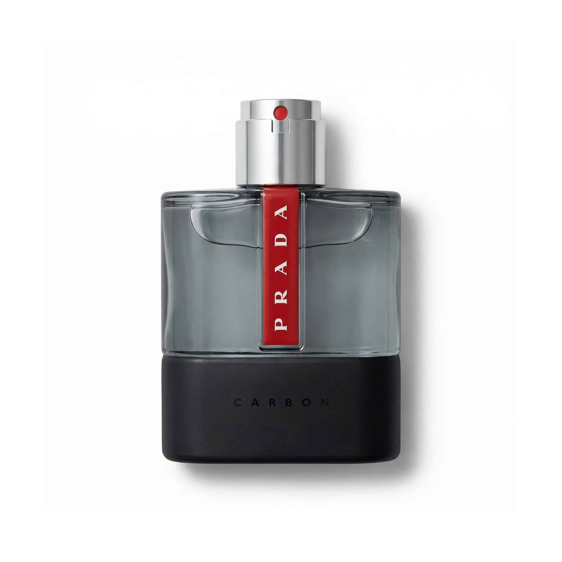 Bottle of Prada Luna Rossa Carbon EDT fragrance on a white background with soft shadow