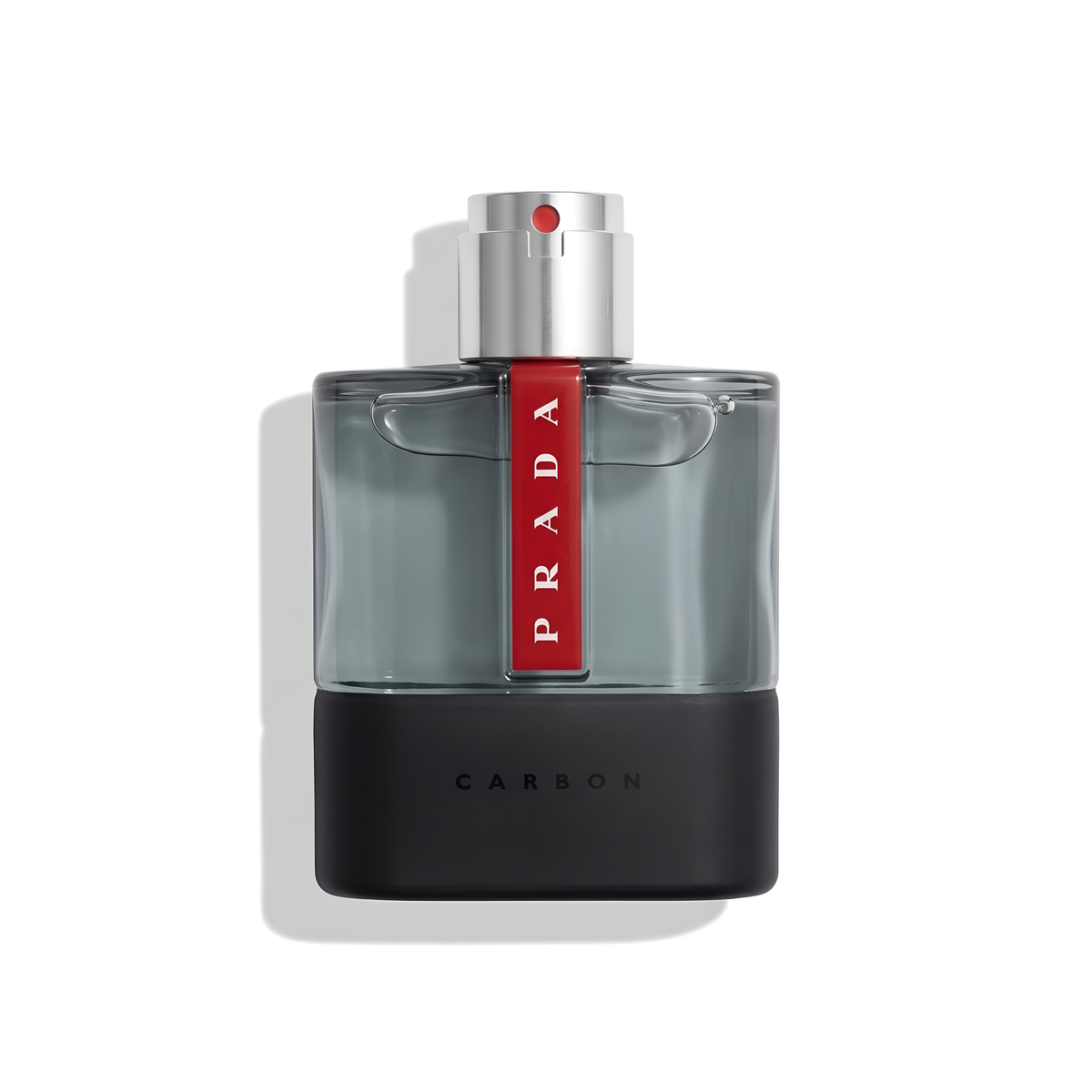 Bottle of Prada Luna Rossa Carbon EDT fragrance on a white background with soft shadow