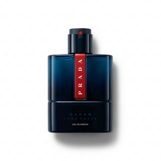 Bottle of Prada Luna Rossa Ocean EDT fragrance on a white background with soft shadow
