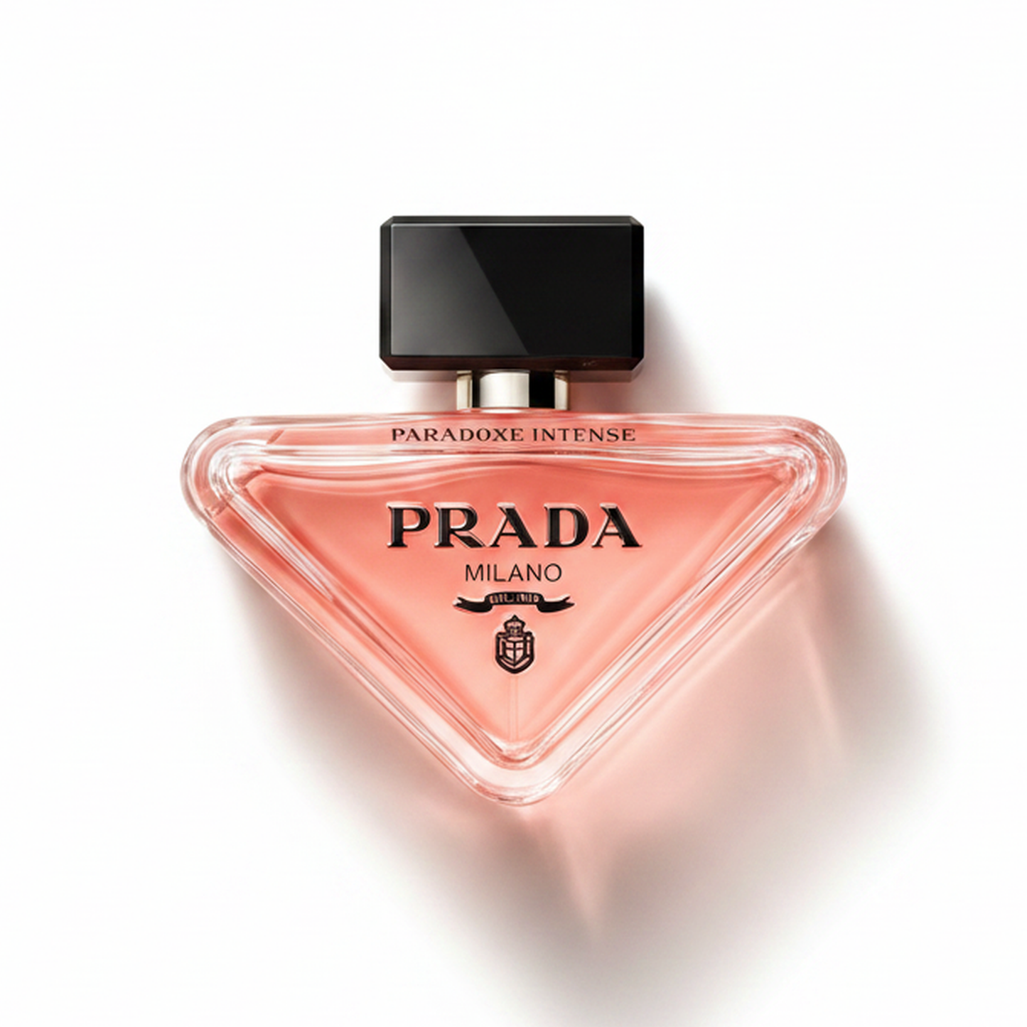 Bottle of Prada Paradoxe Intense EDP fragrance on a white background with soft shadow