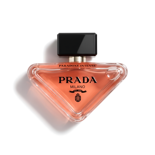 Bottle of Prada Paradoxe Intense EDP fragrance on a white background with soft shadow