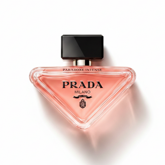 Bottle of Prada Paradoxe Intense fragrance on a white background with soft shadow