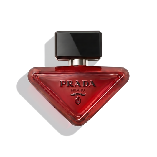 Bottle of Prada Paradoxe Radical Essence Parfum fragrance on a white background with soft shadow