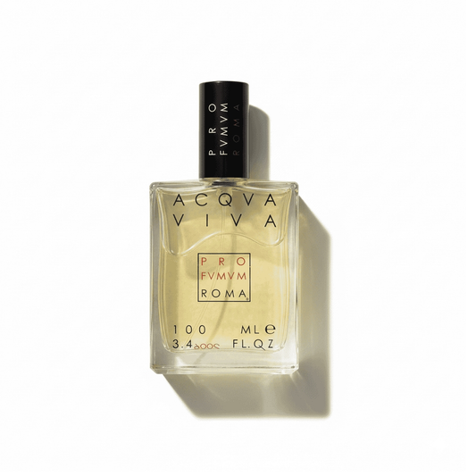 Bottle of Profumum Roma Acqua Viva Parfum fragrance on a white background with soft shadow