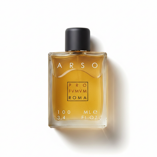 Bottle of Profumum Roma Arso EDP fragrance on a white background with soft shadow