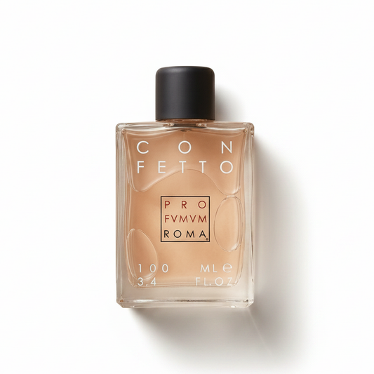 Bottle of Profumum Roma Confetto EDP fragrance on a white background with soft shadow