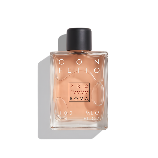 Bottle of Profumum Roma Confetto EDP fragrance on a white background with soft shadow