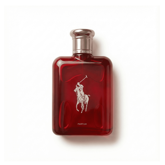 Bottle of Ralph Lauren Polo Red Parfum Parfum fragrance on a white background with soft shadow