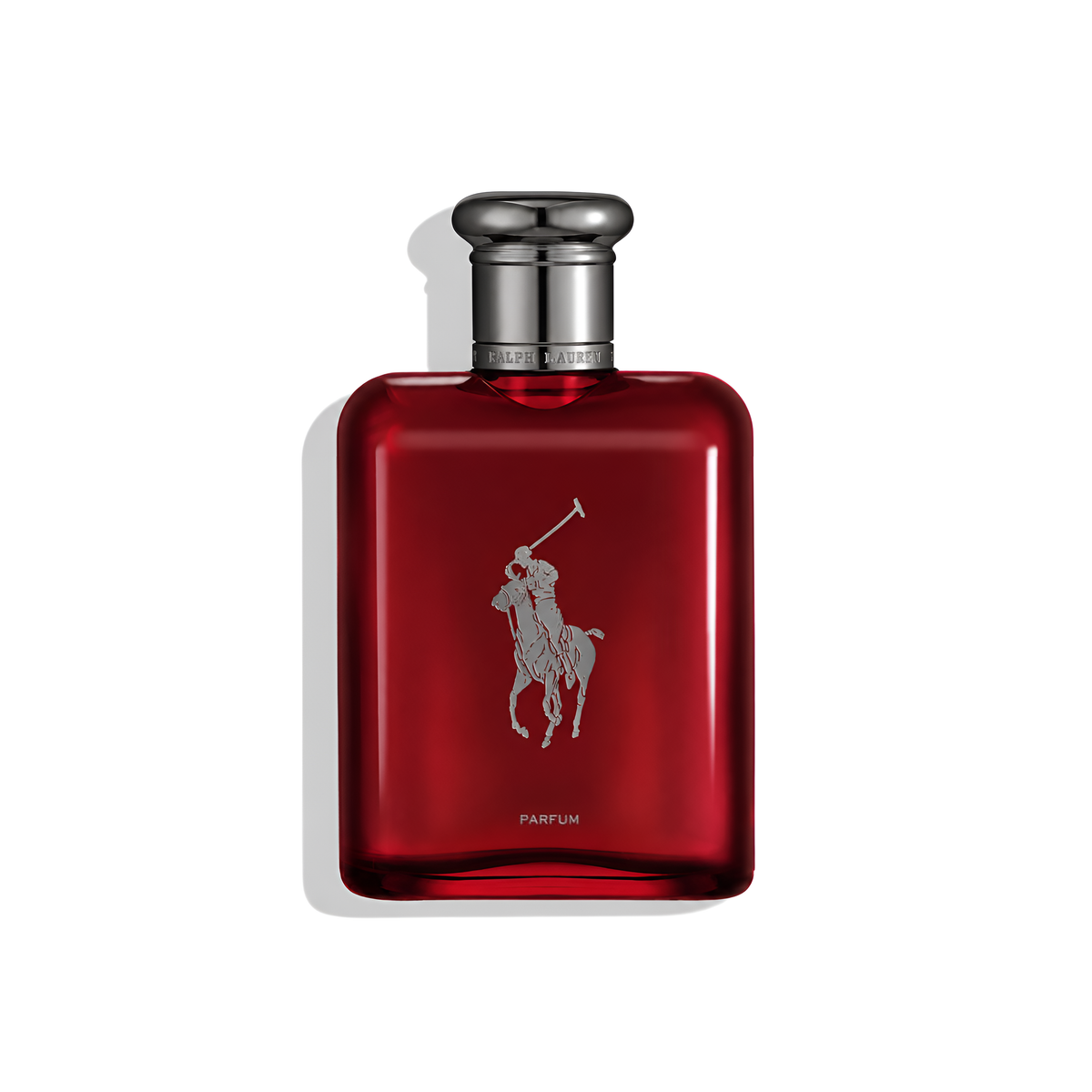 Bottle of Ralph Lauren Polo Red Parfum fragrance on a white background with soft shadow