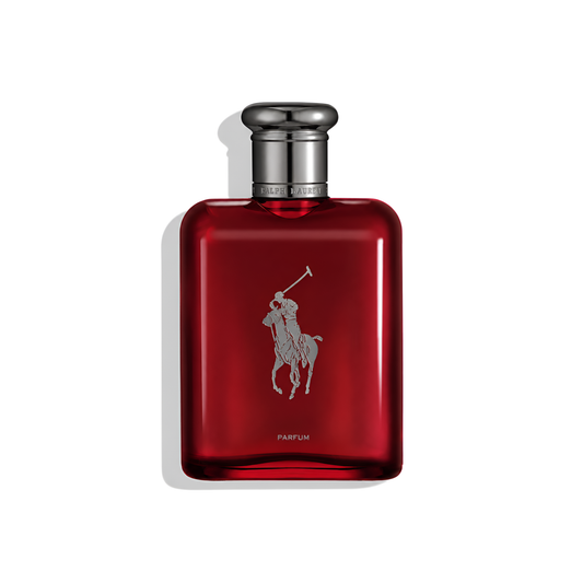 Bottle of Ralph Lauren Polo Red Parfum fragrance on a white background with soft shadow
