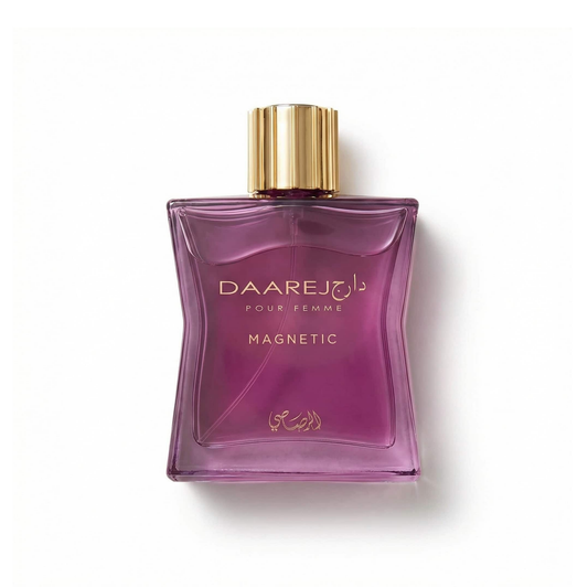 Bottle of Rasasi Daarej Magnetic EDP fragrance on a white background with soft shadow
