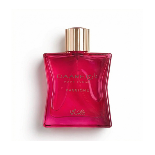 Bottle of Rasasi Daarej Passione EDP fragrance on a white background with soft shadow