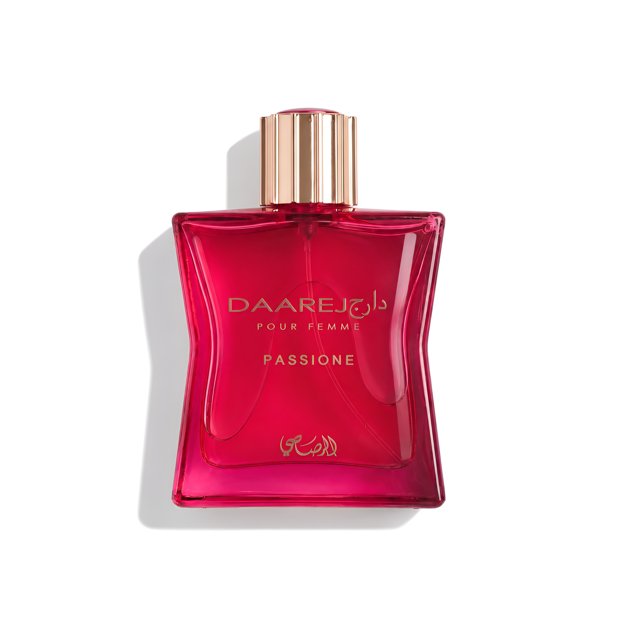 Bottle of Rasasi Daarej Passione EDP fragrance on a white background with soft shadow