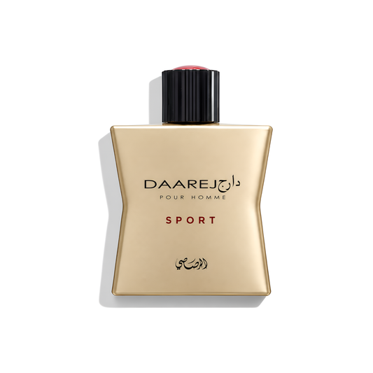 Bottle of Rasasi Daarej Sport EDP fragrance on a white background with soft shadow
