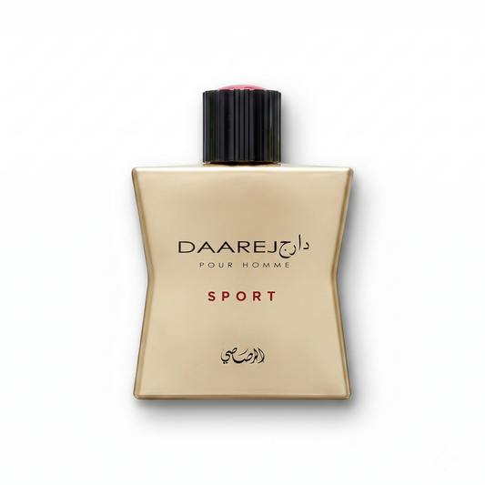 Bottle of Rasasi Daarej Sport fragrance on a white background with soft shadow