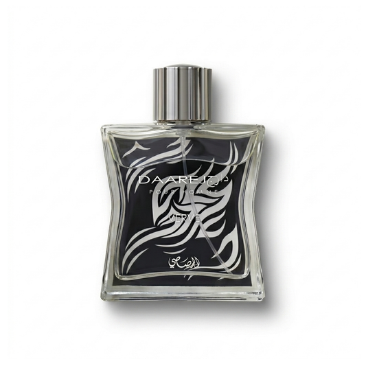 Bottle of Rasasi Daarej Verve EDP fragrance on a white background with soft shadow