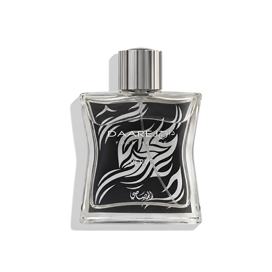 Bottle of Rasasi Daarej Verve EDP fragrance on a white background with soft shadow