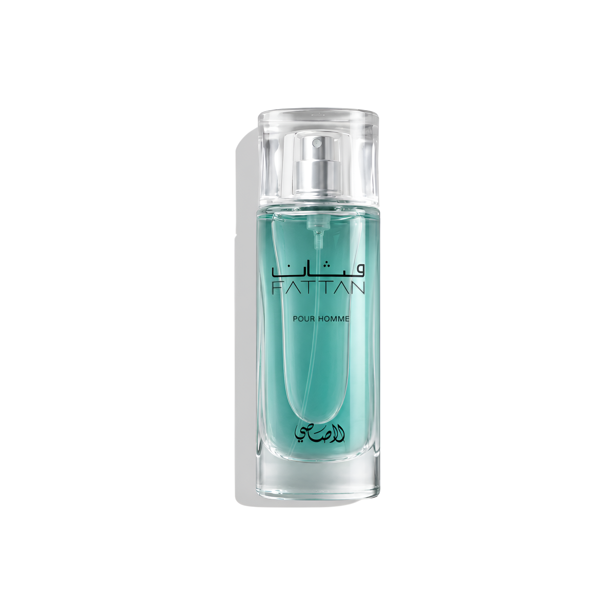Bottle of Rasasi Fattan EDP fragrance on a white background with soft shadow