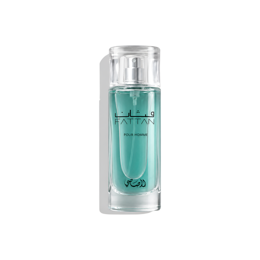 Bottle of Rasasi Fattan EDP fragrance on a white background with soft shadow