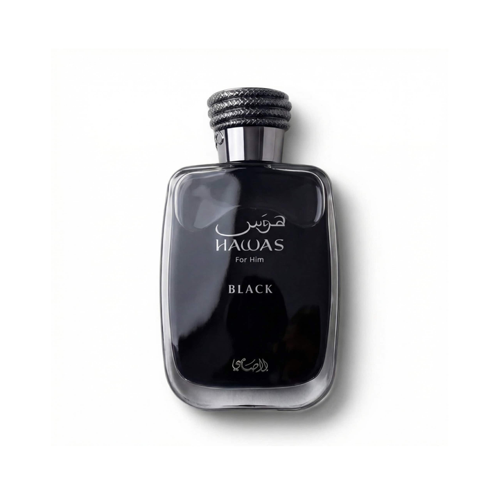 Bottle of Rasasi Hawas Black EDP fragrance on a white background with soft shadow