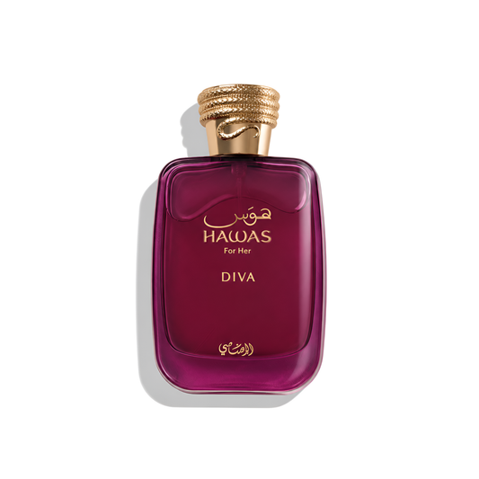 Bottle of Rasasi Hawas Diva EDP fragrance on a white background with soft shadow