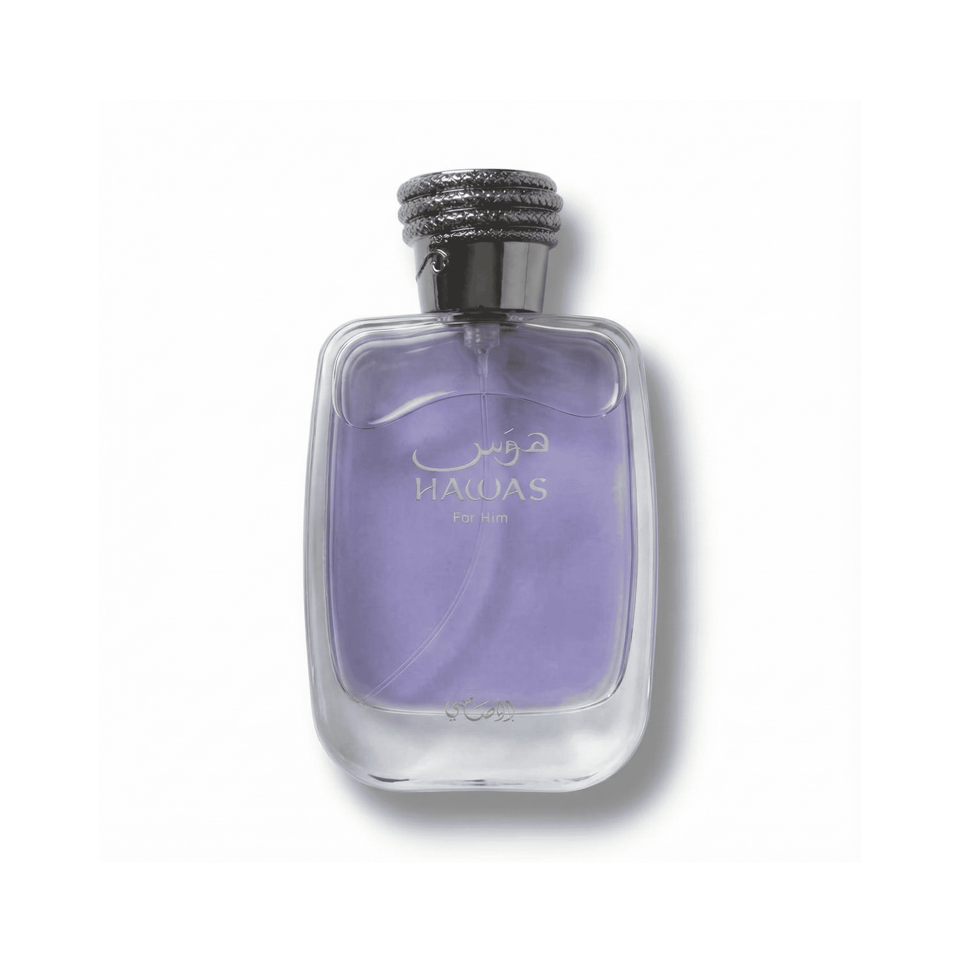 Bottle of Rasasi Hawas EDP fragrance on a white background with soft shadow
