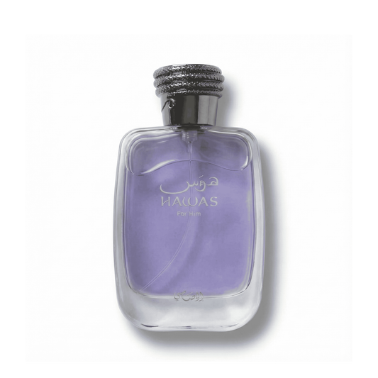 Bottle of Rasasi Hawas EDP fragrance on a white background with soft shadow