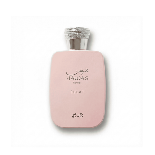 Bottle of Rasasi Hawas Eclat EDP fragrance on a white background with soft shadow