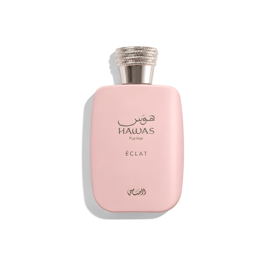 Bottle of Rasasi Hawas Eclat EDP fragrance on a white background with soft shadow