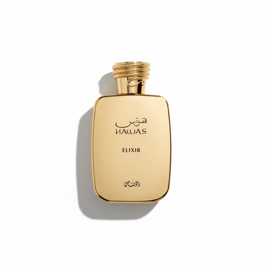 Bottle of Rasasi Hawas Elixir fragrance on a white background with soft shadow