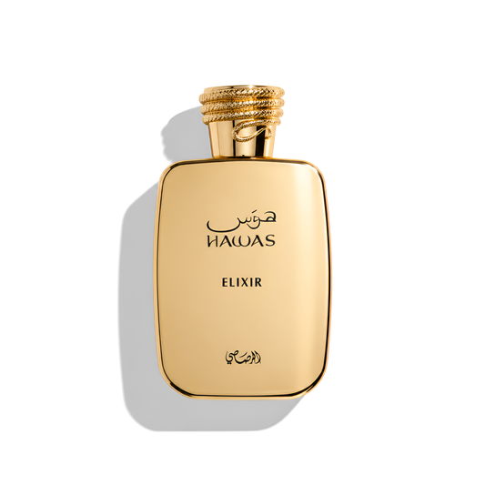 Bottle of Rasasi Hawas Elixir fragrance on a white background with soft shadow