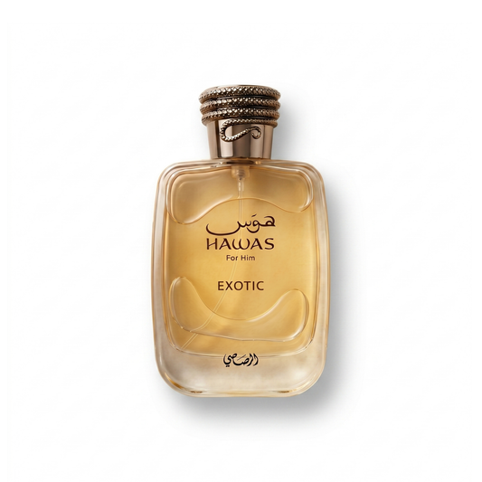 Bottle of Rasasi Hawas Exotic EDP fragrance on a white background with soft shadow