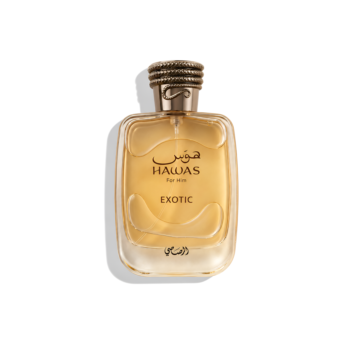 Bottle of Rasasi Hawas Exotic EDP fragrance on a white background with soft shadow