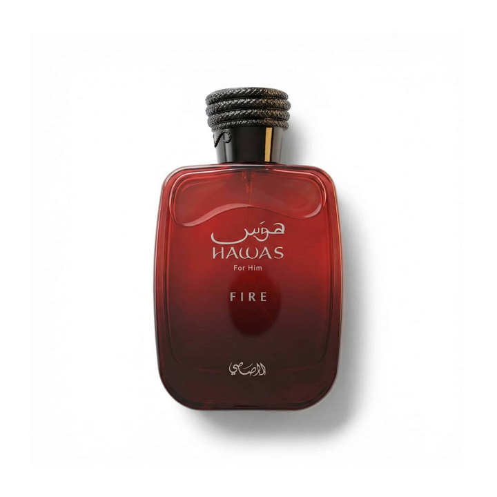 Bottle of Rasasi Hawas Fire EDP fragrance on a white background with soft shadow